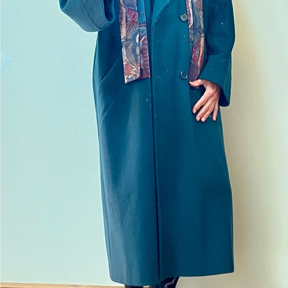 Teal Long Coat with Patterned Scarf